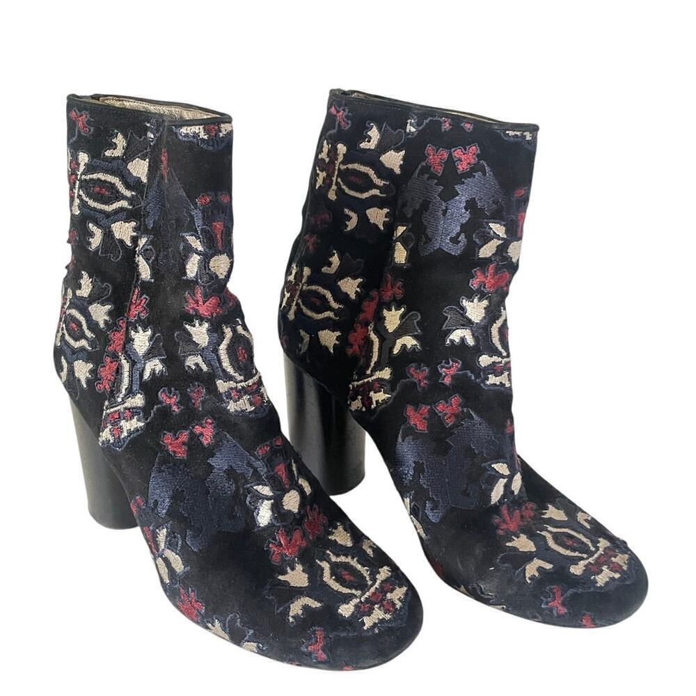 Isabel Marant Guya Black Suede Embroidered Chunky Heel Ankle Boots • Size 40 ⬇️